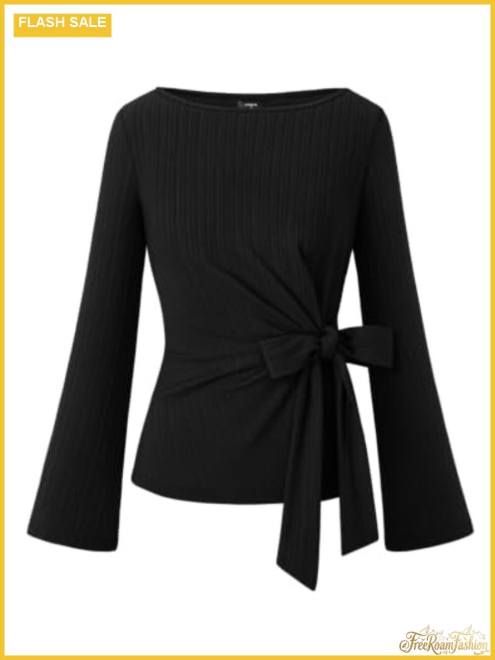 Women's Business Casual Tie Waist Ruched Long Sleeve Boat Neck Bell Sleeve Top